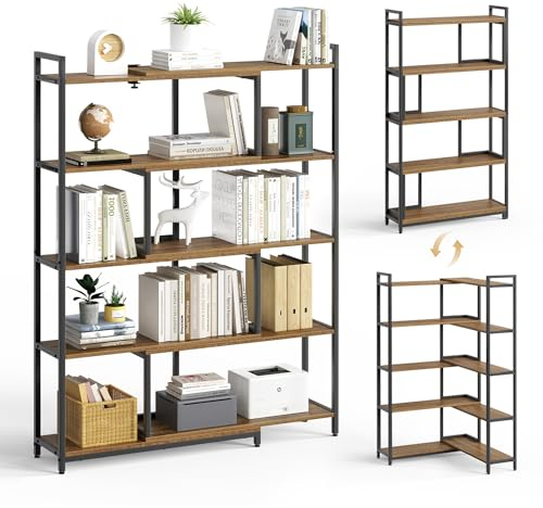 Mondeer Bücherregal, Standregal mit 5 Ebenen, Breite von 80-146cm Verstellbar, für Wohnzimmer Arbeitszimmer Büro, Vintage Braun