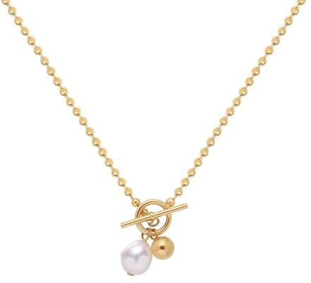 XYTDM Natural Freshwater Pearl Gold Ball Toggle Charm Necklace 18k Gold Plated Stainless Steel Bead Chain Necklaces