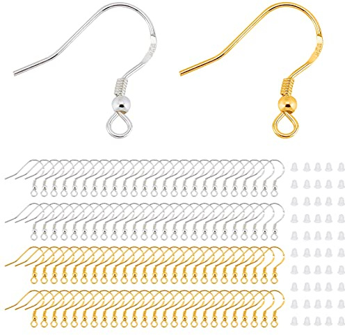 RCIDOS 200 stycken Örhängen Krokar 925 Silver DIY Hypoallergeniska Monachelle Tillbehör 100 Guld Silver och 100 Transparenta Caps