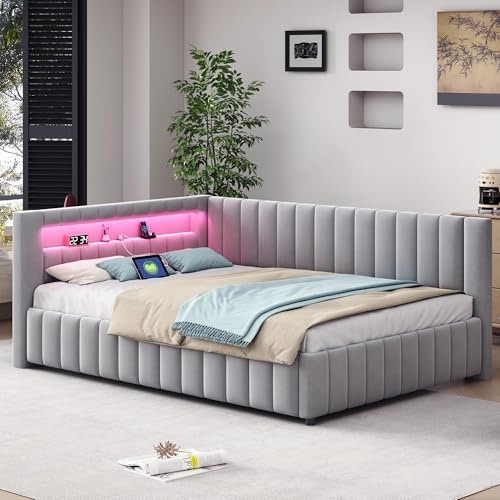 Kayan Polsterbett 140x200 mit LED und USB-Anschluss, Daybett Tagesbett Schlafsofa mit Lattenrost aus Holz, Sofabett Gästebett Jugendbett aus Samtstoff, Ohne Matratze (Grau)