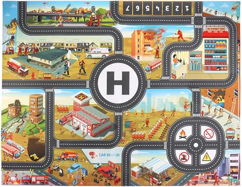 JTMM PVC Feuerwehr Stadtmatte 100 x 130 cm, Feuerkontrolle Spiel, Kleinkind Auto Track Teppich, Bereich Teppich Teppich für Kinder und Kinder Schlafzimmer und Spielzimmer