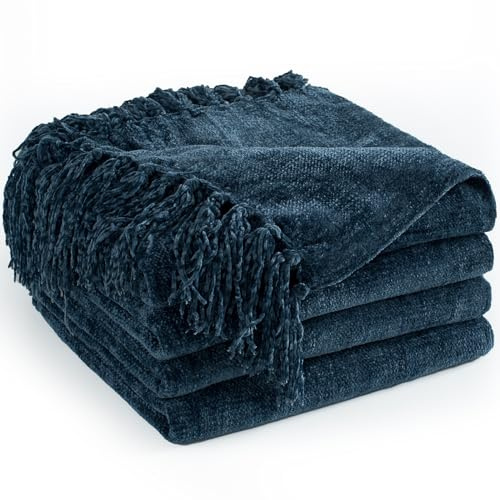 LONG CREATE Chenille filt för soffa 152 cm x 203 cm tvilling, mjuka mysiga överkast med frans tofs för säng soffstol, lätt stickad dekorativ bondgård boho-filtar som gåva, marinblå