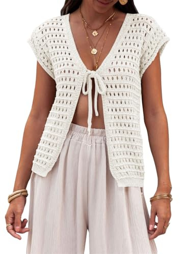 Saodimallsu damer sommar kofta v-ringad sexig boho toppar kortärmad öppen front stickad tröja virkad lätt strand bikini täcka kort kofta, Vit, S