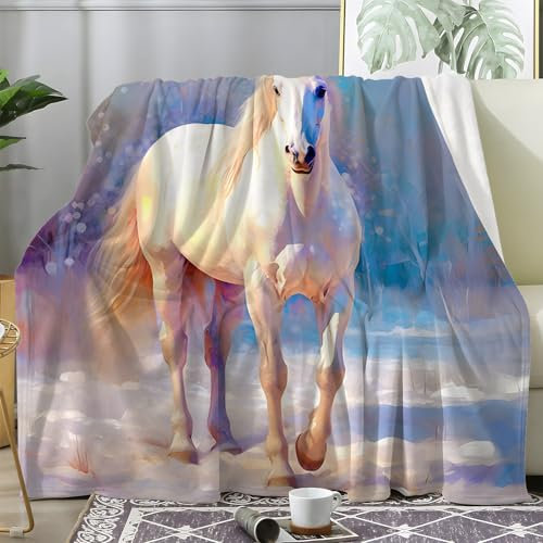 Aquarell Pferd Kuscheldecke Flauschig, Decke Fleecedecke Pferd, Weiche Warme Decke Wohndecke als Sofadecke Wolldecke Couchdecke Tagesdecke, XXL 220x240 cm S-544