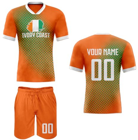 Set di magliette da calcio per uomini, donne, giovani e bambini - Maglietta e pantaloncini personalizzati con nome e numero - Regalo per tifosi della nazionale, Costa d'Avorio, S