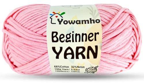Yowamho Yarn for Crocheting & Knitting, 100g Cotton Yarn for Beginners with Easy-to-See Stitches,100m (109yds) Worsted Soft Cotton-Nylon Blend Yarn, Pink.