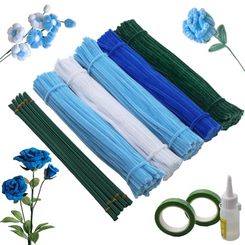 ZHLIMY 500 Stück Pfeifenreiniger Blumen, Pfeifenputzer zum Basteln, Pfeifenreiniger Blau für DIY-Projekte, 5 Farben Chenilledraht, Pipe Cleaner Flower Set mit 50 Stück Grün Basteldraht