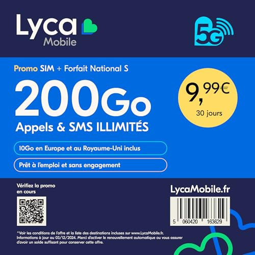 Lycamobile Carte SIM Prépayée France – Forfait National S – 200Go Internet, Appels et SMS illimités – 13Go en Europe/UK – Renouvelable après 30 Jours – sans Engagement