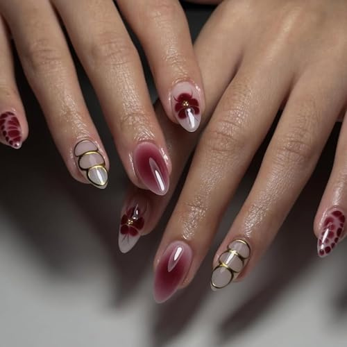 GlamRays 24 Stück Kurze Aufkleber Nägel Mandeln Frühlings Falsche Nägel mit Blumen Designs Glänzend Dunkelrot Sommer Kleben Nägel Blumen Kringel Muster