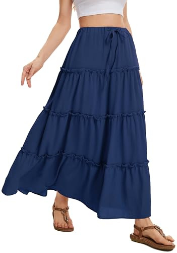 WUWUSKY Jupe Longue D'été pour Femme Skirt Maxi Décontractée avec Cordon de Serrage 2 Poches et Ourlet à Volants, 01 Bleu Foncé,XXL