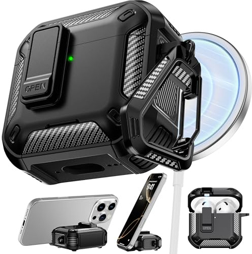 RFUNGUANGO Compatibile con Custodia AirPods 4 Generazione, Blocco Magnetico Automatico e Kit Pulizia, Compatibile con Magsafe, Nero