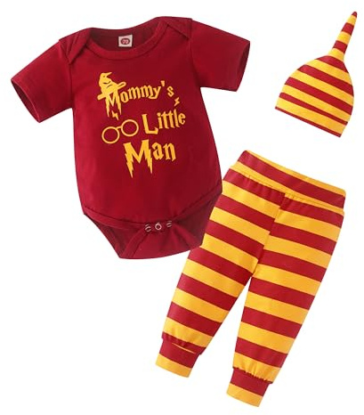 Asmea Completo Neonato Maschio Body Personalizzati Neonato + Pantaloni a Righe + Cappello Vestito Harry Neonati Regalo Neonati Maschio Abito Bimbo Battesimo Abbigliamento Neonatos 6-9 Mesi