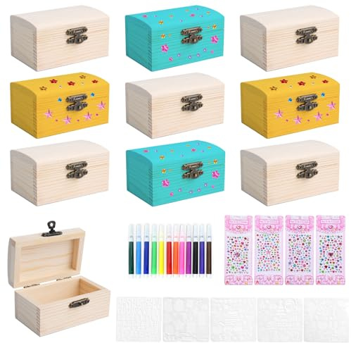ASSRECT 10 PCS Wooden Boxes for Craft, 9x5.5x5cm Mini Treasure Chest Kids, Unfinished Wooden Treasure Boxes with Hinged Lid for DIY Crafts and Party Favor