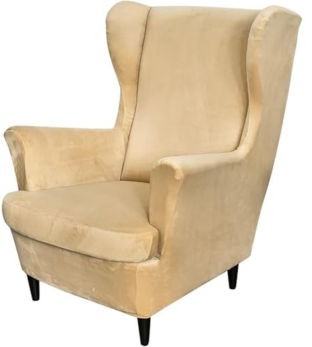 RTSFKFS Ohrensessel Überzug, 2-Teiliges Set Stretch Ohrensessel Kissen Sofa Schonbezüge, Samt Sessel-Überwürfe Flügel zurück Sesselbezüge Möbelschutz for Wohnzimmer Schlafzimmer Hotel(Yellow beige)