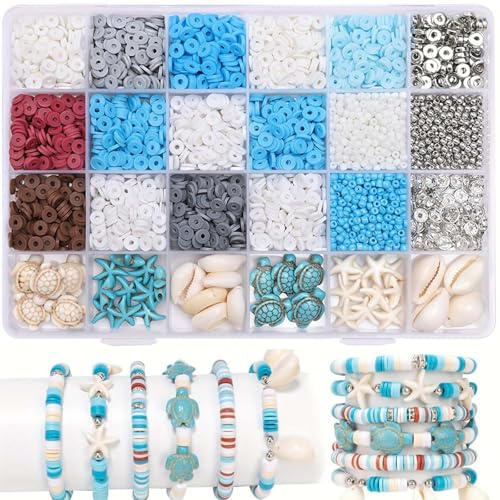 Bikasun Blau Perlen Set für Armbänder, Ozeane Clay Beads, Heishi Polymer Clay Perlen, Schildkröte Muscheln Seestern Tonperlen für DIY Geschenke Freundschaft Armbänder