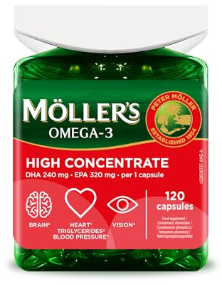 Moller’s ® | High Concentrate | Omega 3 | Aceite de pescado de alta concentración | Alta dosis de 3360 mg de EPA+DHA | En triglicéridos | Cerebro, vista, corazón y presión arterial | 120 cápsulas