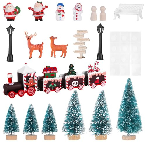 Zocipro 19 Piezas Figuras Miniatura Decoracion Navidad, Árboles de Navidad en Miniatura, Trenes Navideños, Muñecos de Nieve, Papá Noel, Figuras Navideñas para Mesa Escaparates Bricolaje