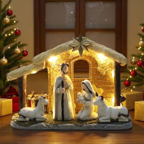 Top-spring Nativity Scene - Set completo di statuette per presepe con illuminazione, per presepe natalizio, per interni ed esterni, set da 5