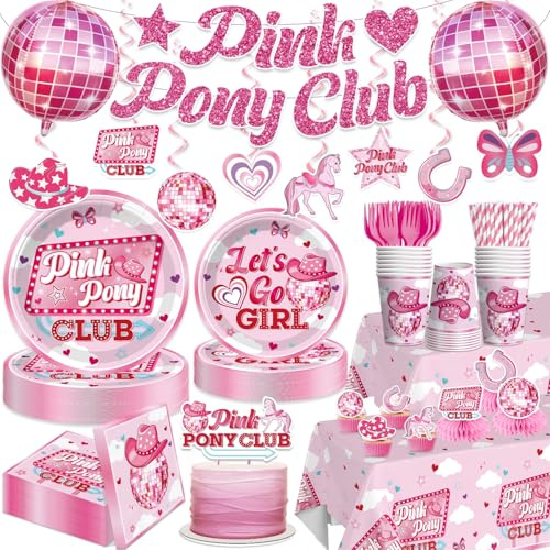 Yingoto 187Pcs Pink Pony Club Decorations Tableware Set, Serves 25 | No assembly disposable pink pony club party plates and napkins set, banner, balloons, tablecloths, for disco cowgirl party