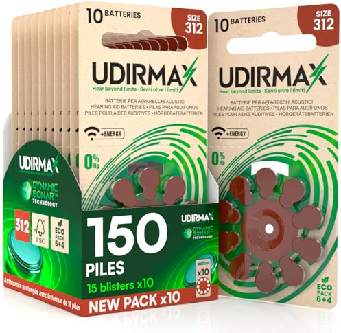 150 Pilas para Audífonos Tamaño 312 Udirmax PR41 Marrón Zinc-Air Eco Pack - 15 Ampollas Ecológicas de 10 Pilas