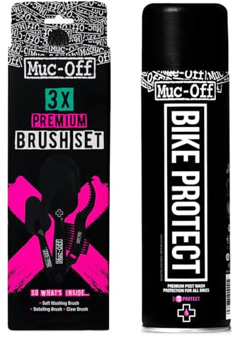 Muc-Off Bike Protect 500ml + 3 Brush Set | Premium Protection Spray & Corrosion Inhibitor | Non-Sticky Shine Protectant | Safe on Carbon Fibre & Metals | Includes Bike-Brush Kit