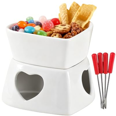 Lpoppcx Fondue Chocolat Bougie, Tasses À Fondue Au Chocolat, Service À Fondues en Céramique Bol en Céramique avec 4 Fourchettes Tasse À Fondre Au Chocolats en Forme De Cœur pour Chocolats, Fromage