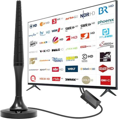 DVBT2 Antenne, DVB-T2 Innenantenne mit Verstärker, HD Zimmerantenne für Fernseher, 420 km Großer Reichweite und 360° Empfang, Starkem Magnetfuß, Geeignet für 4K 1080p & Alle TV (M-2)