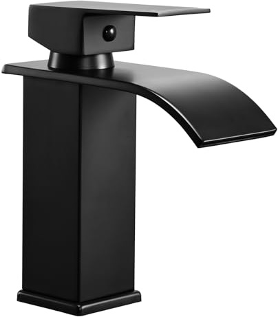 Peppermint Basin Taps Mixers Waterfall Matte Black Bathroom Sink Mixer Tap Square Monobloc 1 Hole with G1/2'' Hoses Modern Cloakroom Taps Black Mono Lead-Free Stainless Steel