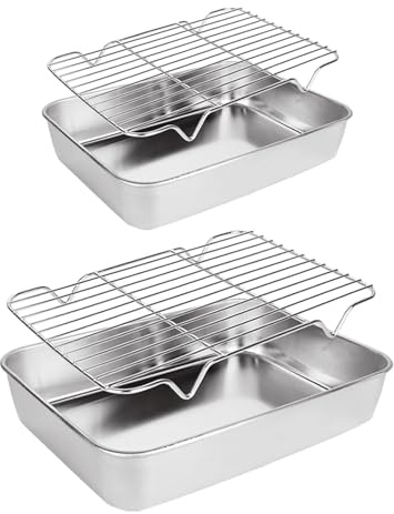 2 Pack Baking Sheet with Cooling Rack, 30.5/22.5 cm Stainless Steel Roasting Trays Non Stick Baking Sheet Cookie Pan for Roasting Cooking