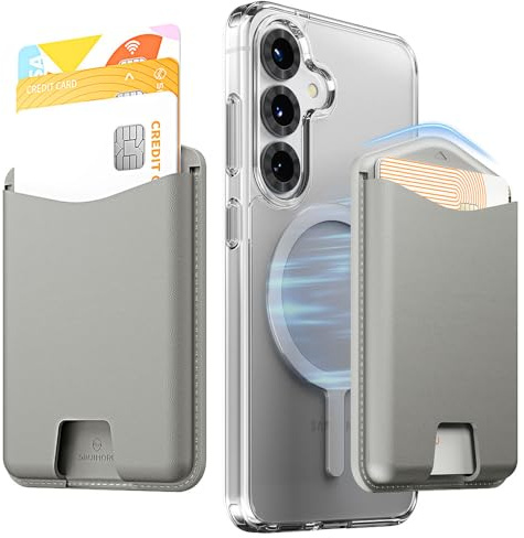Sinjimoru Magnetische Geldbörse für Mobiltelefon, Premium Veganes Leder Handy 3 Kartenhalter, Kompatibel mit Allen Galaxy Smartphones, abgeschrägtes Design gegen Kamera, M-Viica Edge Schwarz Grau