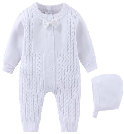 Hresadio Baptism Outfits for Baby boys Christening Outfit Long Sleeve sweater Romper Bowtie Newborn Clothing Formal Suit White 6-9 Months