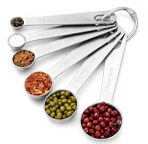 Set di 6 pezzi per misurini, in acciaio inox rotondo resistente Specchio lucidato 1/8 TSP, 1/4 TSP, 1/2 TSP, 1 TSP, 1/2 TBLS e 1 TBLS Misura cucchiai per cuocere al forno, Argento