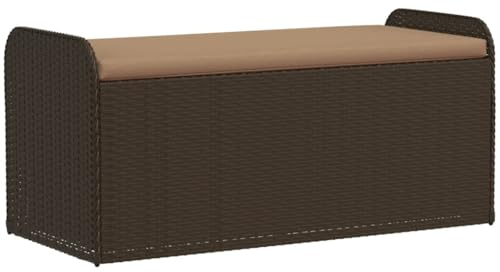 Fisinber Gartenbank mit Stauraum, Truhenbank aus Poly Rattan, Sitzbank für Garten Terrasse Balkon, mit bequemem Sitzkissen, 115x51x52 cm, Braun
