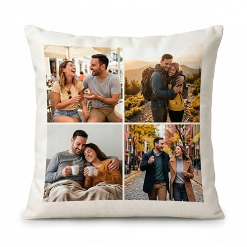 LOOXIS Fotokissen Personalisiert mit 4 Fotos – 40x40 cm Collage Kissen inkl. Füllung – Persönliches Geschenk Geburtstag Muttertag Vatertag Jahrestag Weihnachten - 4er Collage