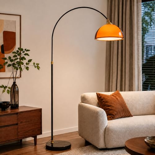 KlkrzJwy Lámpara De Pie Arc, Mid-Century Modern, 190 CM, Naranja, Altura Ajustable, Cúpula Acrílica Doble Capa, E27, 3 Temperaturas De Color, Base De Mármol, Salón/dormitorio (Incluye Bombilla)