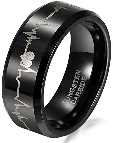 JewelryWe Schmuck Breit 6/8mm Wolfram Wolframcarbid Herren Damen Ring Band, Herzen & Herzschlag Partnerringe für Verlobung Hochzeitstag, Schwarz Größe 49 bis 78