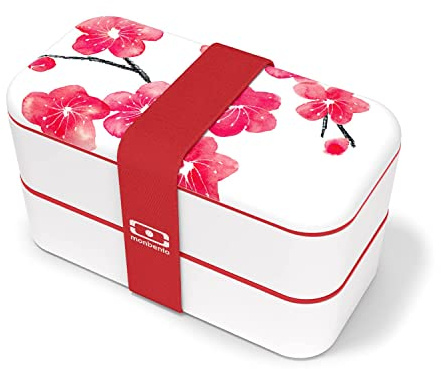 MONBENTO - Bento box MB Original Graphic Blossom - Boîte Repas à Compartiments - Lunch box Hermétique 2 étages - Idéal pour Travail/Ecole - Sans BPA - Made In France - Motif Japonais, Fleurs - Blanc