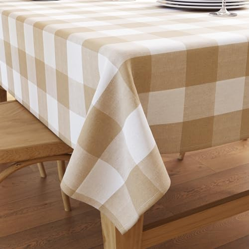 Encasa XO Baumwoll Tischdecke Rechteckig, Outdoor 140x240 cm | Buffalo Beige prüft, Maschinenwaschbar | 200 GSM Garngefärbt | Tischschoner | Pflegeleicht | Küche & Esszimmer