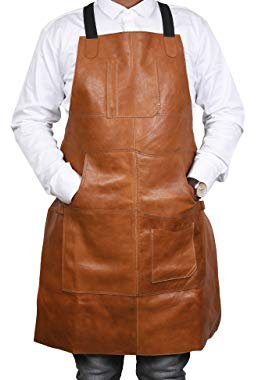 One Size Fits Utility Apron | Adjustable Cross-Back Straps | Multi-Use Shop Apron With Tool Pockets By Aaron Leather Goods (Copper, Leather)