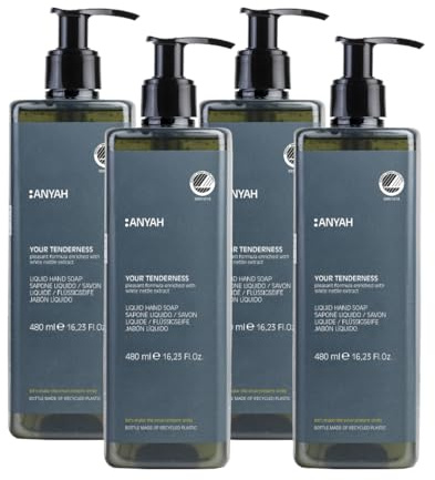 ANYAH Flüssigseife 4 x 480ml – Sanfte Handseife für Tägliche Anwendung, Mit Extrakt aus Weißer Brennnessel, Vegan und Zertifiziert mit Nordic Ecolabel, 100% Recycelte Flaschen - Nicht Nachfüllbar