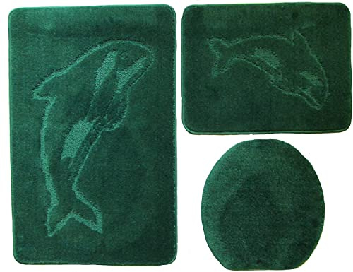 ILK Gökyildiz Delphin Bad Teppich Set 3 Teilig 55cm X 85cm ohne Auschnit gerade für Hänge WC (Dunkelgrün)