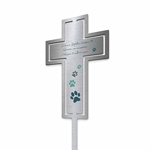 Edelstahl Grabstecker Kreuz Hund Katze - Blumenstecker Tier | Personalisierter Metall Grabschmuck wetterfest Tiere | Tiergrab Hundegrab Katzengrab Deko | Trauer Andenken (Festes Design)