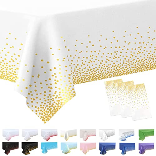 Tovaglie rettangolari per feste, 3 pezzi, 137 x 274 cm, rotolo di carta usa e getta, in plastica, impermeabili, resistenti all'olio, per feste, picnic, compleanni, Natale, colore bianco, oro