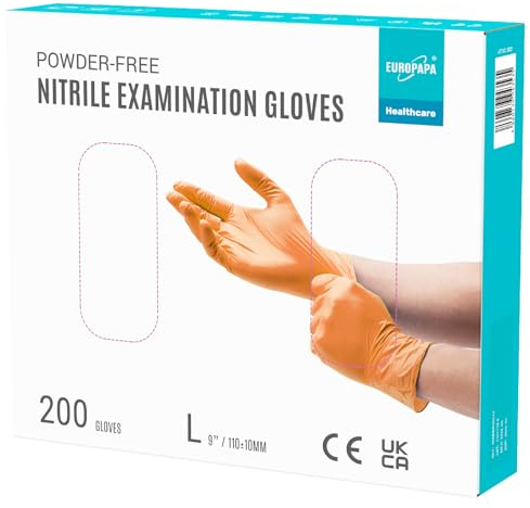 EUROPAPA® 200x Einweghandschuhe Nitrilhandschuhe puderfrei Untersuchungshandschuhe EN455 EN374 latexfrei Einmalhandschuhe Handschuhe in Gr. S, M, L & XL verfügbar (L, Orange)