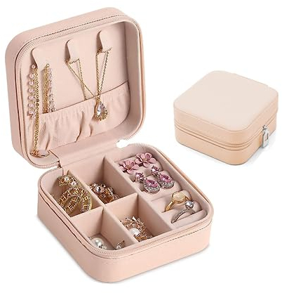 Moguxb Portagioie Rosa Piccolo da Viaggio in Pelle PU, Scatola per Gioielli da Donna per Anelli, Orecchini, Collana e Bracciali