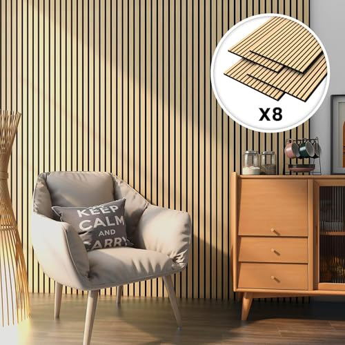 NEU.HOLZ Set de 8 Panneaux Acoustiques Muraux Isolation Sonore Lattes Décoratives Style Scandinave Installation Facile au Mur ou Plafond NRC 0,8 MDF 120 x 60 cm Effet Chêne