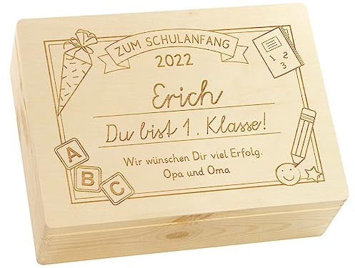 LAUBLUST Holzkiste mit Gravur - Personalisiert mit Datum | Name | WIDMUNG - Natur Größe L - 1. Klasse Motiv - Geschenkkiste zur Einschulung - FSC®
