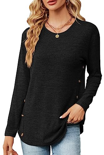 Heersan Camicia da Donna Maglietta a Maniche Lunga Elegante Camicette Blusa con Girocollo Top Casual Tinta Unita Moda T-Shirt da Donna