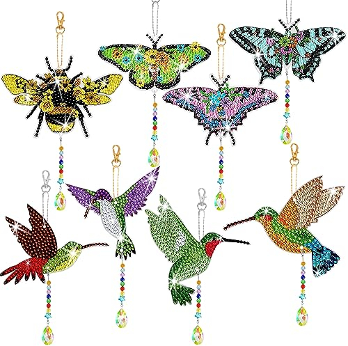 8 Pcs Diamond Art Painting Wind Chimes, FineGood 5D Sun catchers for Windows Butterfly Brid Bee DIY Crystal Suncatcher Hanging Ornament with Pendant for Indoor Home Garden Decor