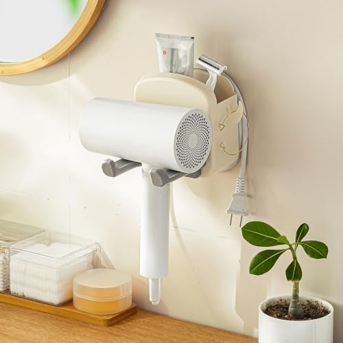 Toski Haartrocknerhalter, Föhnhalter Wand Ohne Bohren, Zusammenklappbarer Haartrockner Ständer, Föhnhalter mit Wickelrille & Aufbewahrung, Selbstklebend Fönhalter aus ABS für Bad Barbershop Hotel
